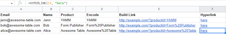 HYPERLINK formula generating a clickable link labeled here