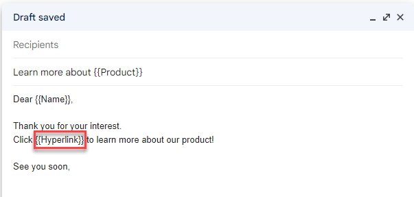 Hyperlink marker inserted in the Gmail draft body