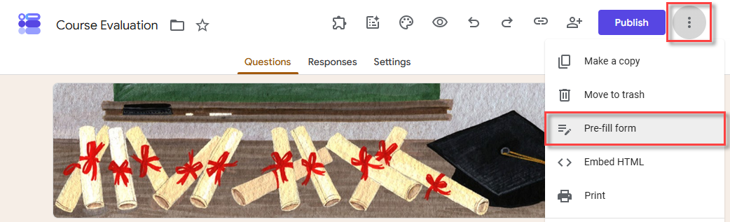 Get prefilled link in the Google Form three-dots menu