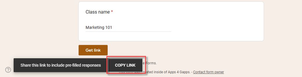 Copy Link button returning the prefilled form URL