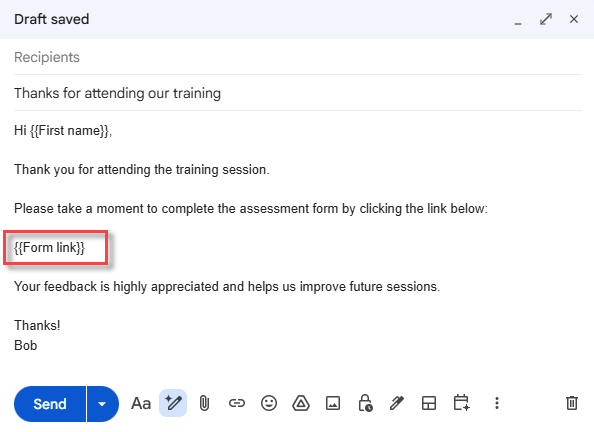 Prefilled form marker inserted in the Gmail draft body