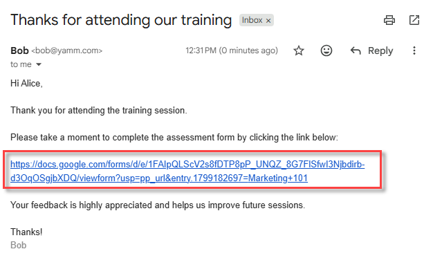 Prefilled form marker inserted in the Gmail draft body