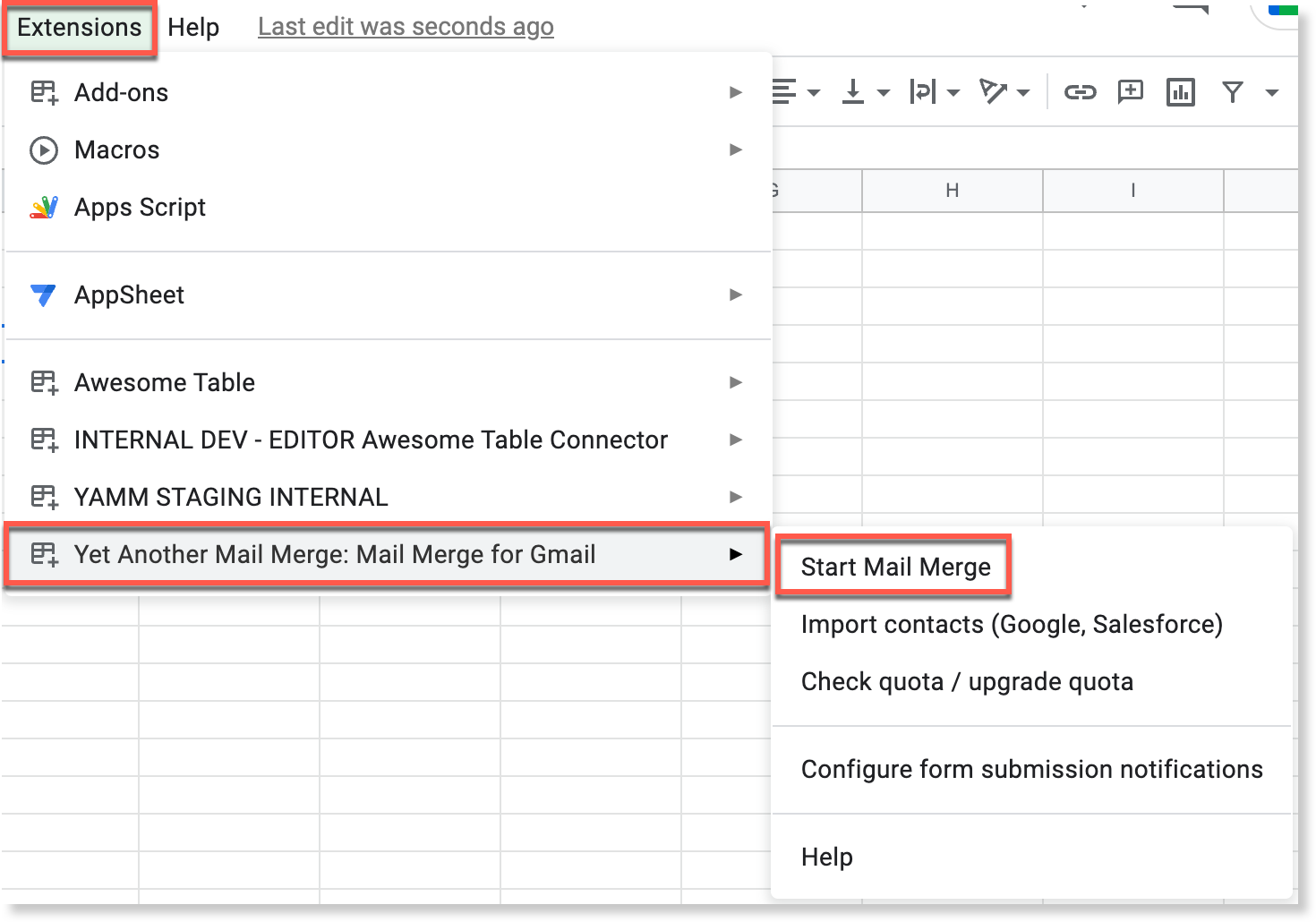 Start Mail Merge in the Extensions > Yet Another Mail Merge menu