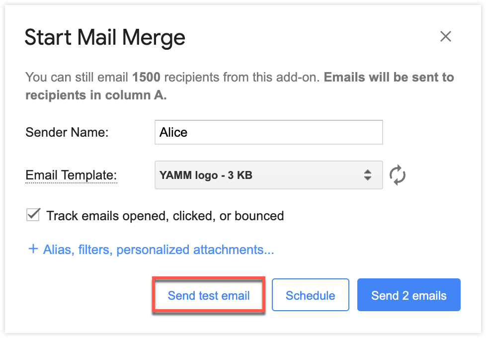 Send test email button in the Start Mail Merge dialog