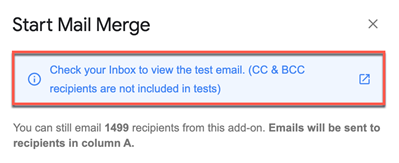 Banner confirming the test email was sent, with a link to view it in your inbox