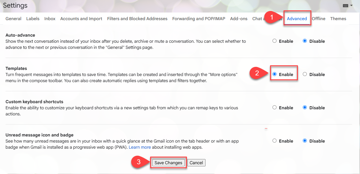 Enable Templates in Gmail Advanced settings