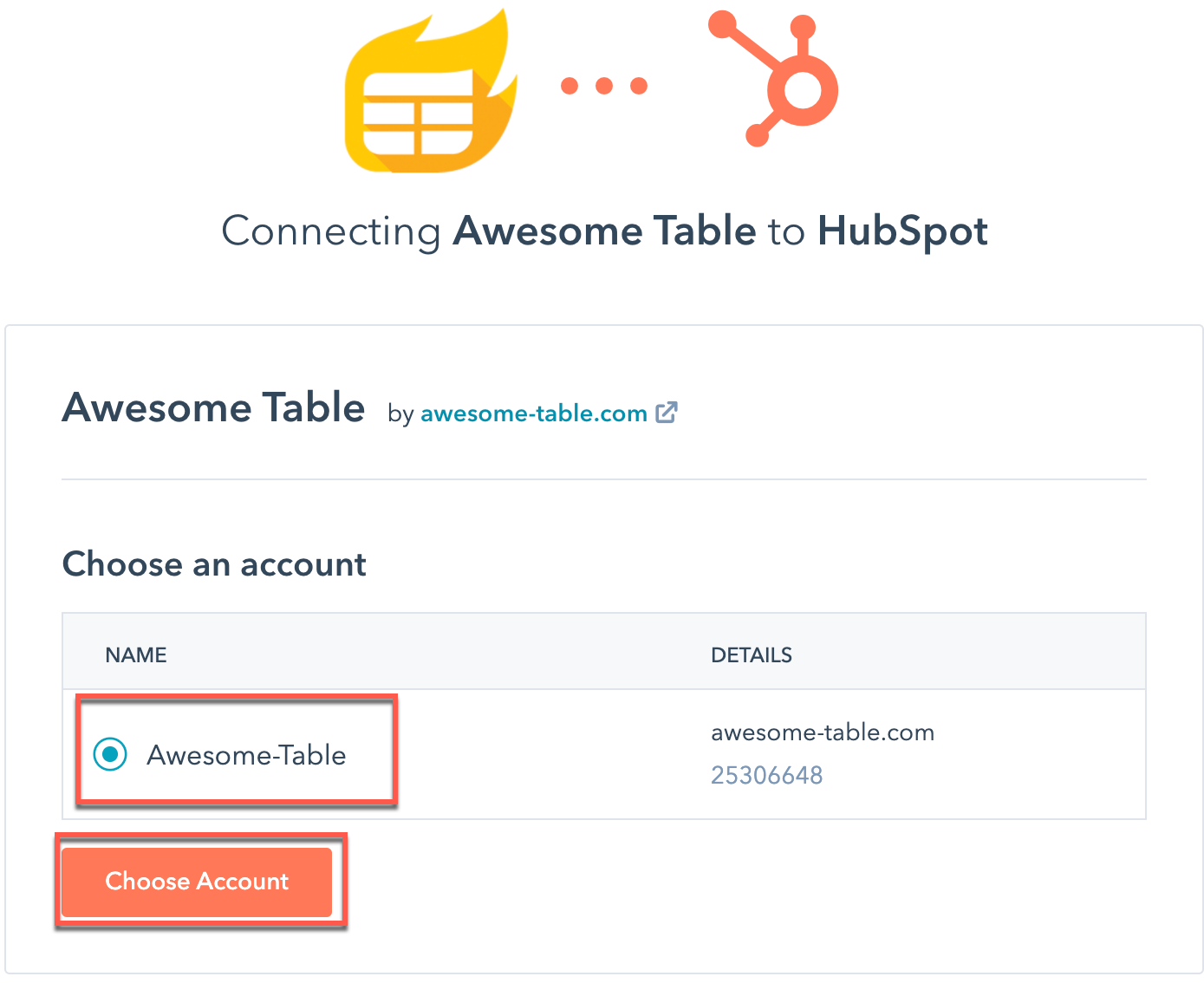 HubSpot connecting page select team and click choose account