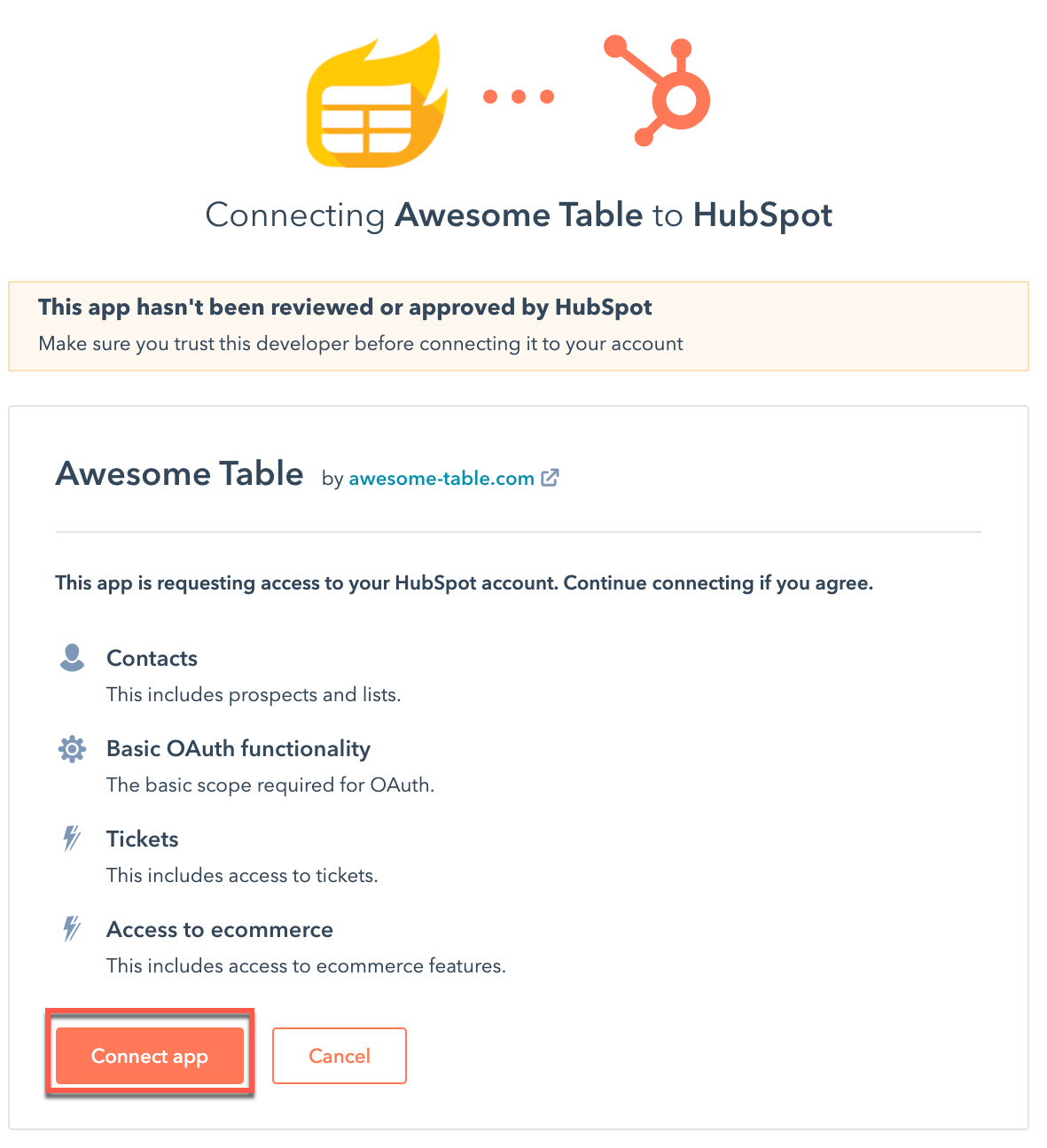 HubSpot connector click connect app