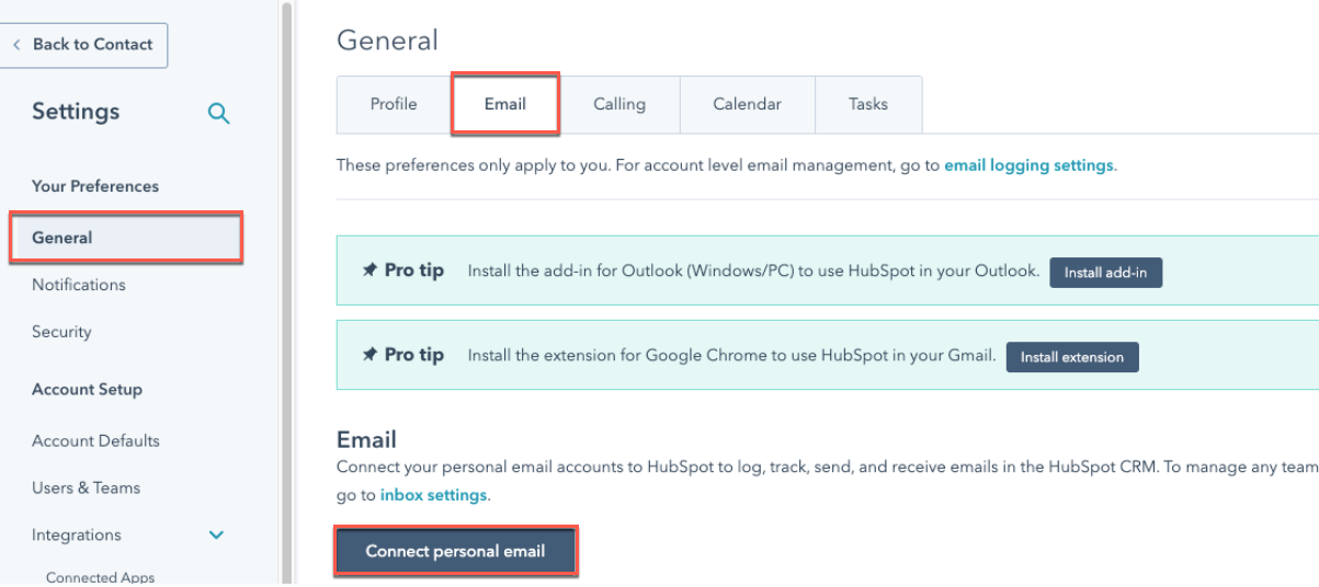 Connect personal email in the HubSpot Email settings