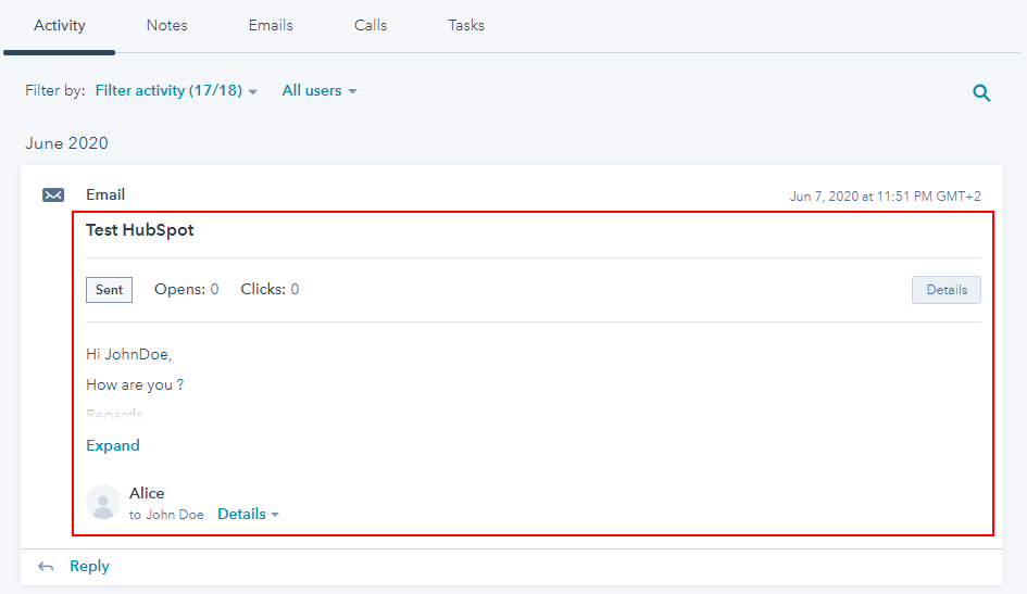 HubSpot contact profile showing the email under Activity