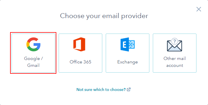 Google and Gmail selected as the email provider in HubSpot