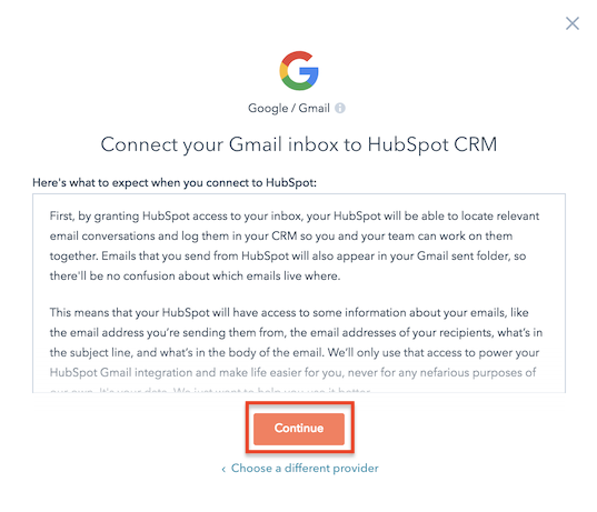 Google account selection when connecting Gmail to HubSpot