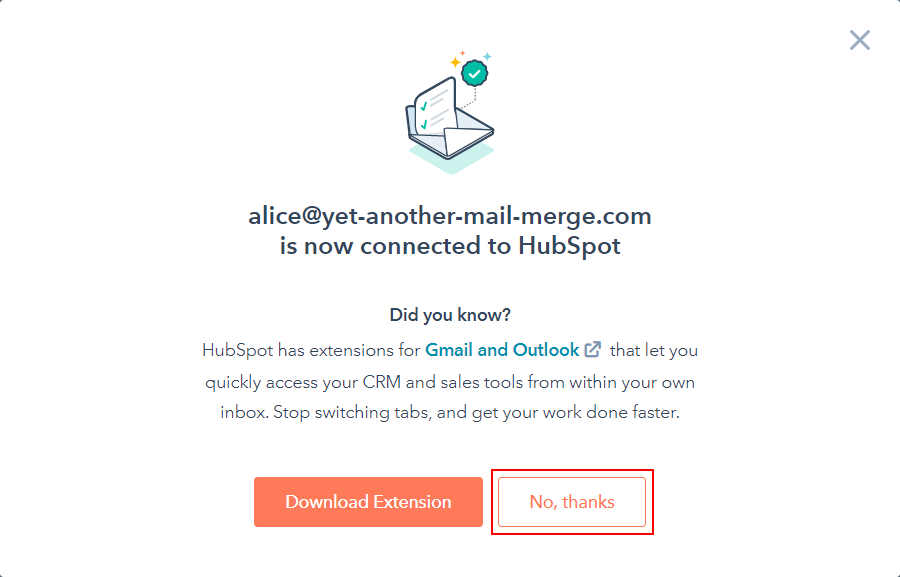Confirmation pop-up in the HubSpot settings, with the No thanks option