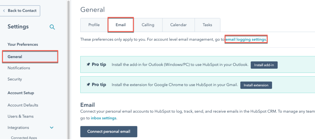 Email logging settings in HubSpot