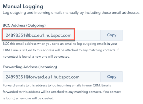 bcc address under Manual Logging in HubSpot