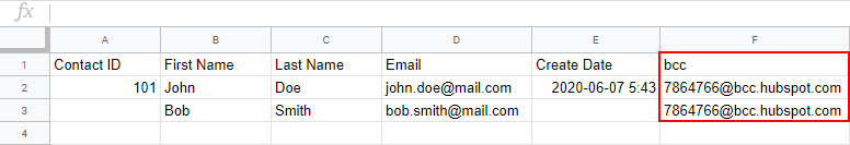 Contact list spreadsheet with the HubSpot bcc address in a bcc column