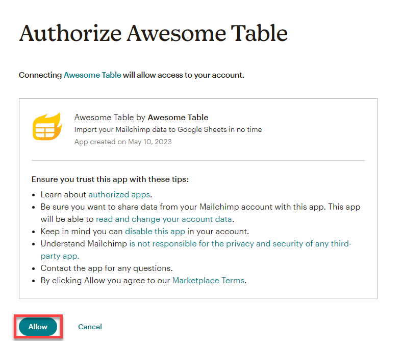 Mailchimp sign in click allow access