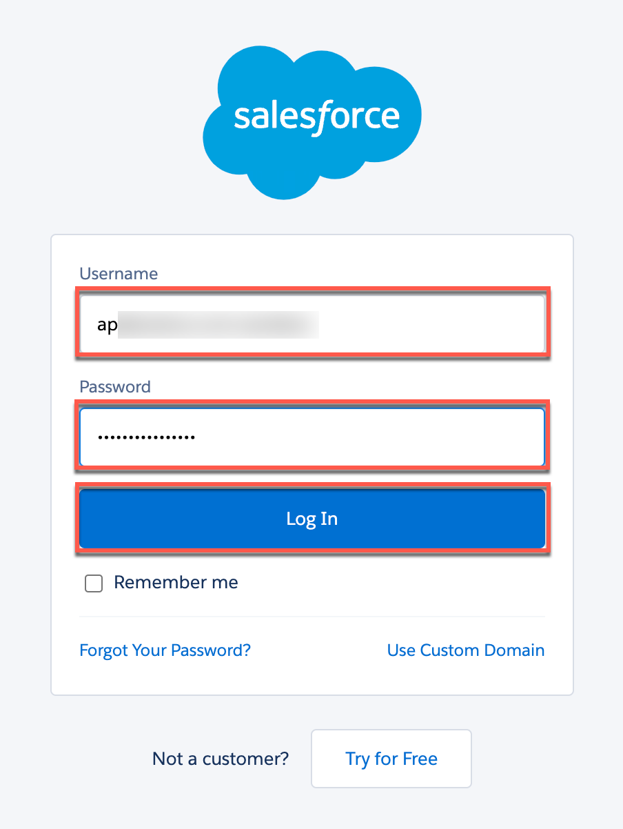 Salesforce login page enter credentials