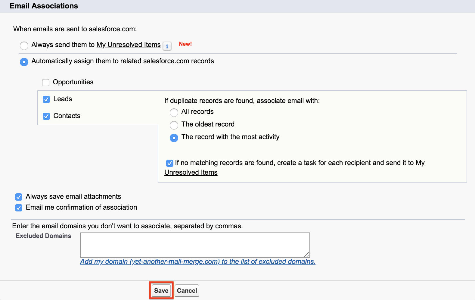 Email Associations settings, with the Save button