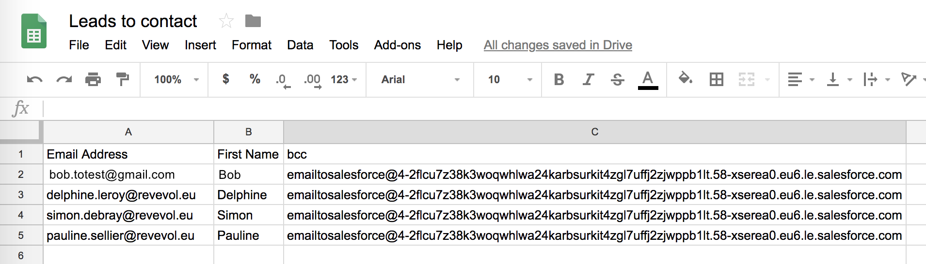 Contact list spreadsheet with the Email to Salesforce address in a bcc column
