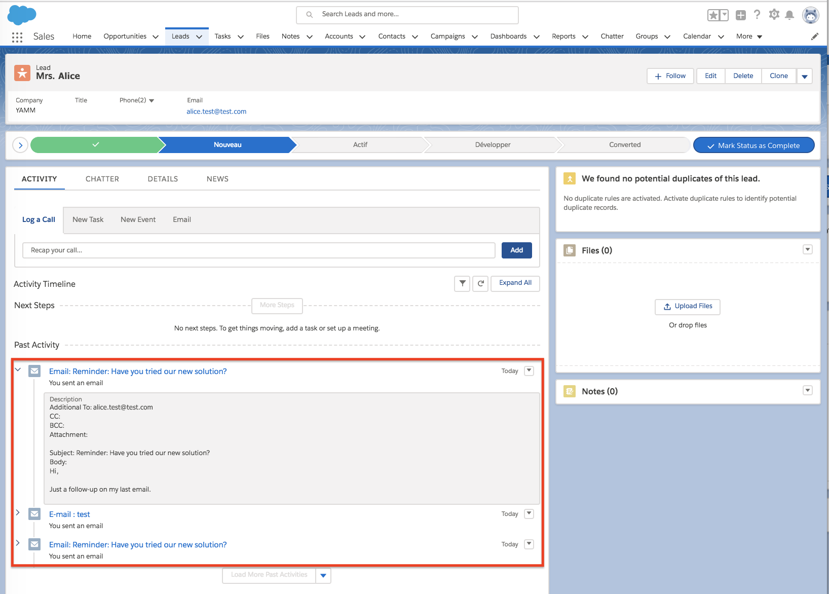Salesforce lead profile showing the email under Activity