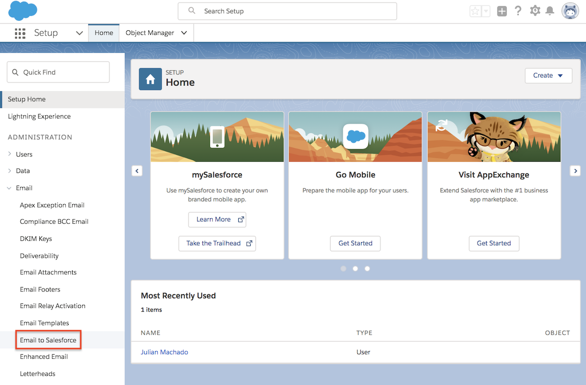 Email to Salesforce under Email in the Salesforce sidebar