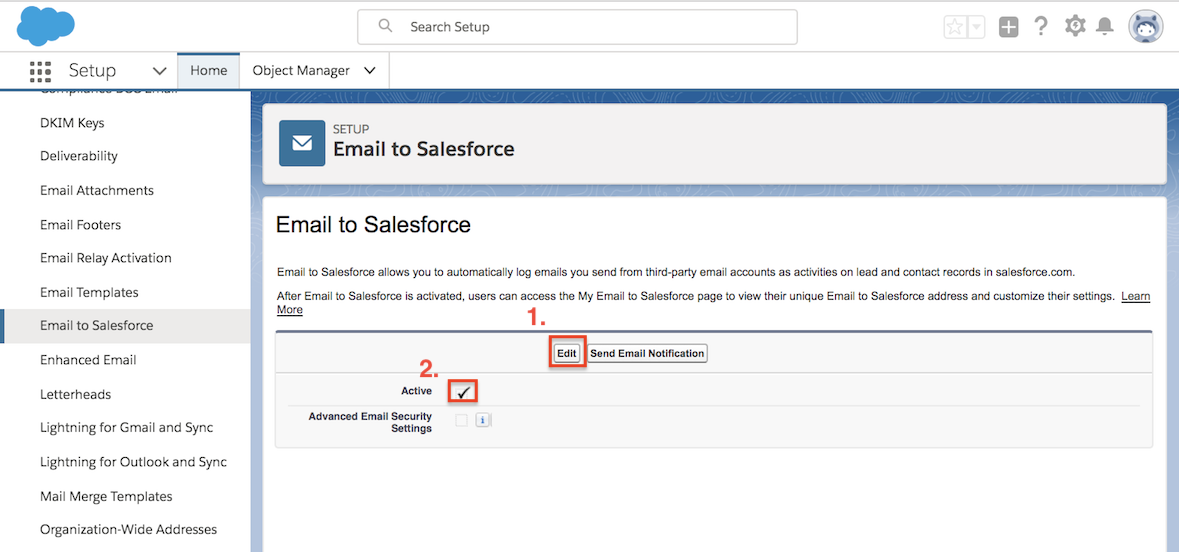 Active option selected when editing Email to Salesforce