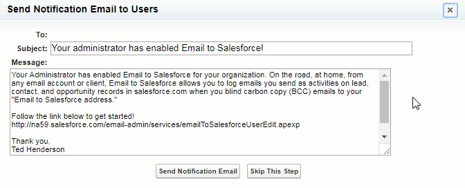 Send Notification Email to Users pop-up shown after saving