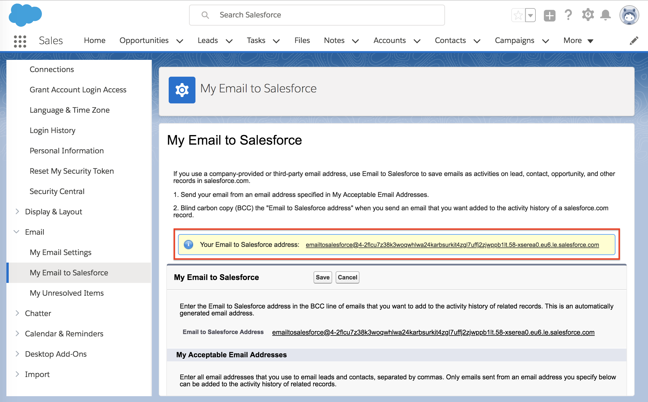 My Email to Salesforce under Email in the Salesforce menu