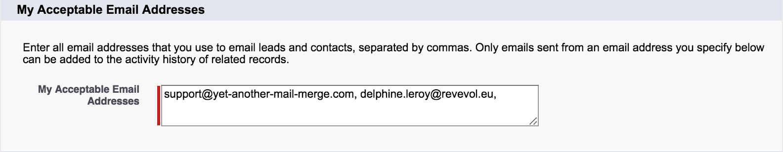 My Acceptable Email Addresses field with comma-separated addresses