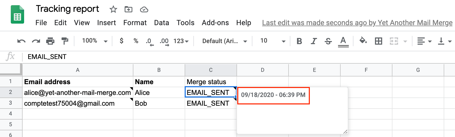 Tracking report spreadsheet with a tooltip on an EMAIL_SENT cell showing the date and time the email was sent
