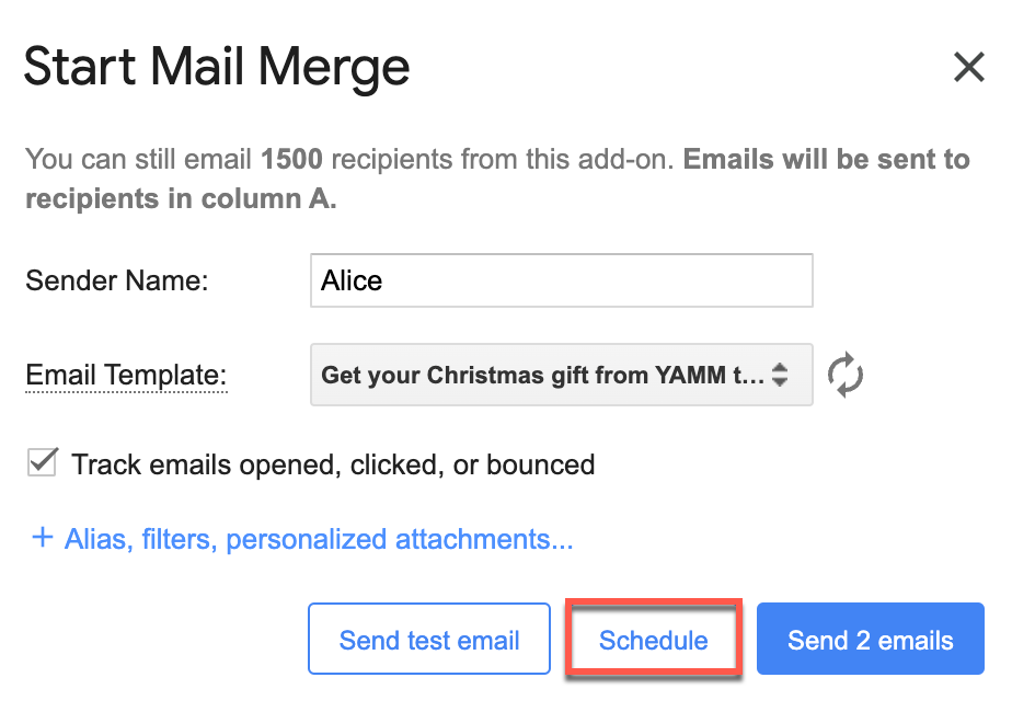 Start Mail Merge window with the Schedule button highlighted