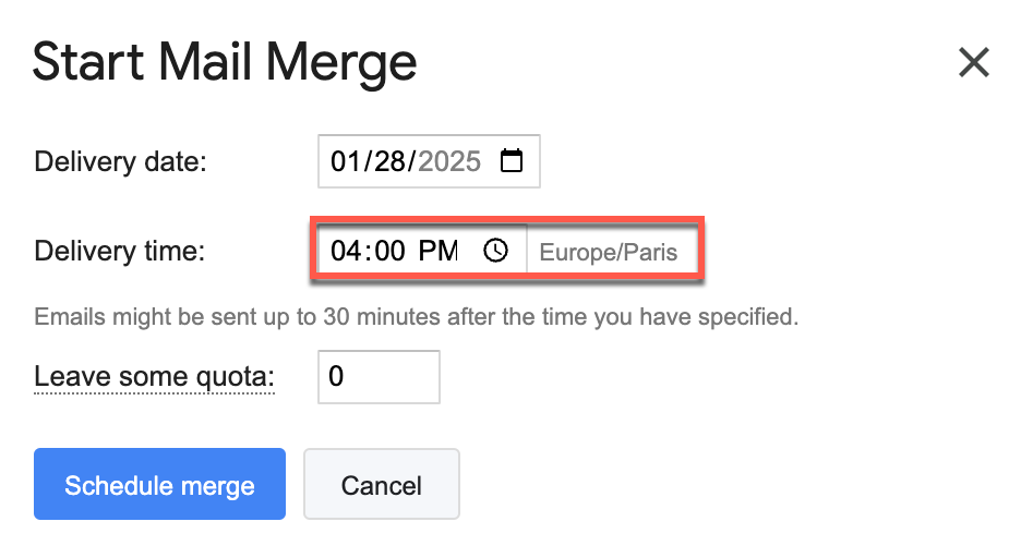 Delivery date and time fields with the browser time zone shown next to the delivery time