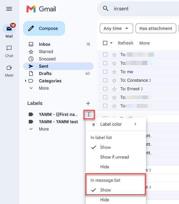 Label settings menu with 'Show' selected for your campaign label