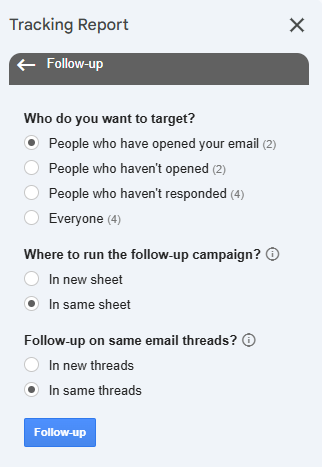 Follow-up panel with the target audience, sheet, and thread options selected