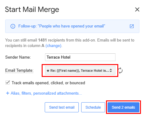 Start Mail Merge window showing the follow-up audience and a Send 3 emails button