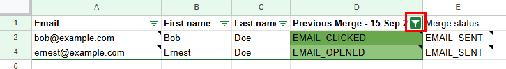 Contact list spreadsheet after a follow-up: A filter is available