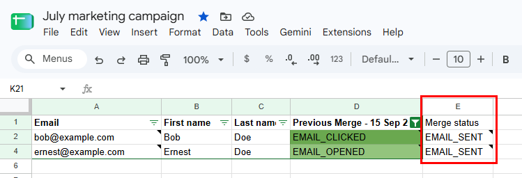 Contact list spreadsheet after a follow-up: the previous statuses moved to a Previous Merge column, a new Merge status column, and only the follow-up recipients visible