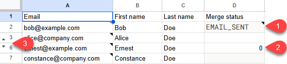 Two recipients will receive an email as the others are hidden, have a valid status or a zero in the Mail merge column