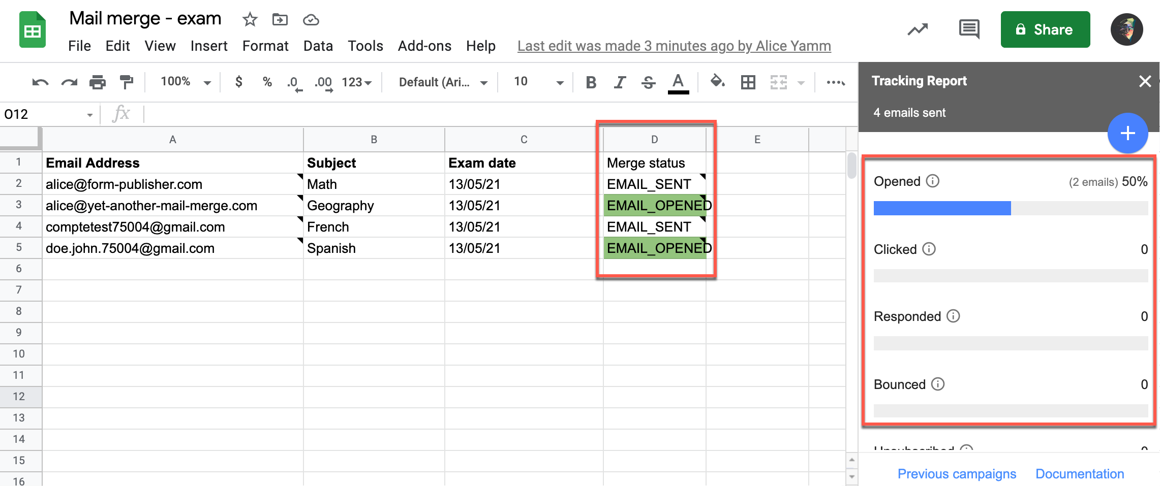 Spreadsheet with fresh statuses and the tracking report showing the new campaign metrics