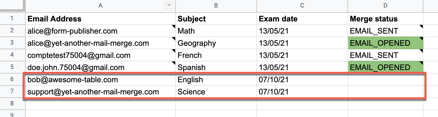 Two new recipient rows added below rows that already have a merge status
