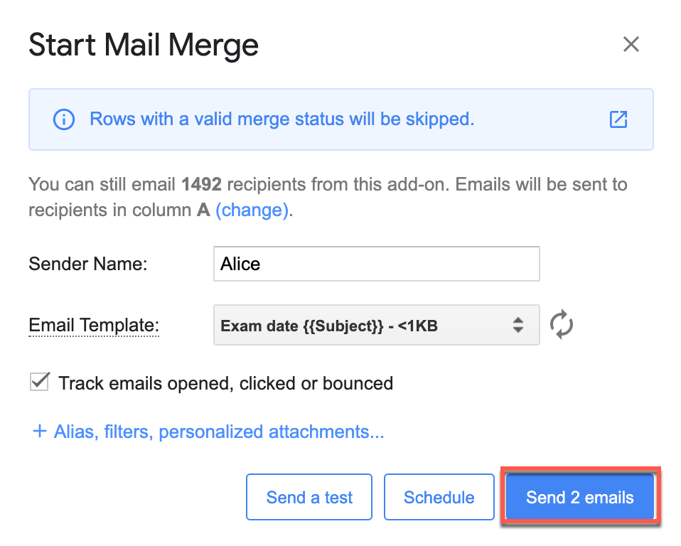 Start Mail Merge window noting that rows with a valid merge status will be skipped, with a Send 2 emails button