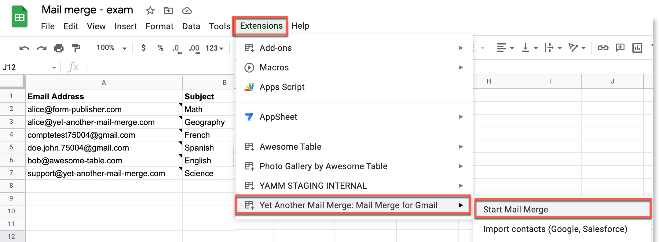 Open tracking report selected in the Yet Another Mail Merge add-on menu