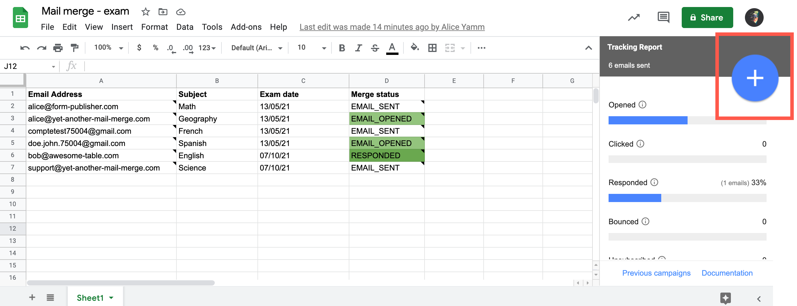 The + button at the top of the tracking report sidebar