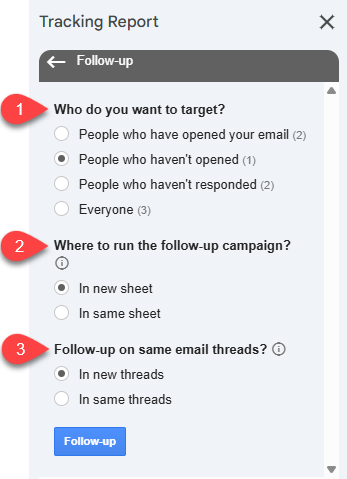 Follow-up panel with the target audience, sheet, and thread options selected
