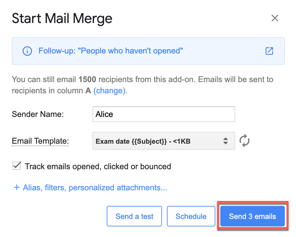 Start Mail Merge window showing the follow-up audience and a Send 3 emails button