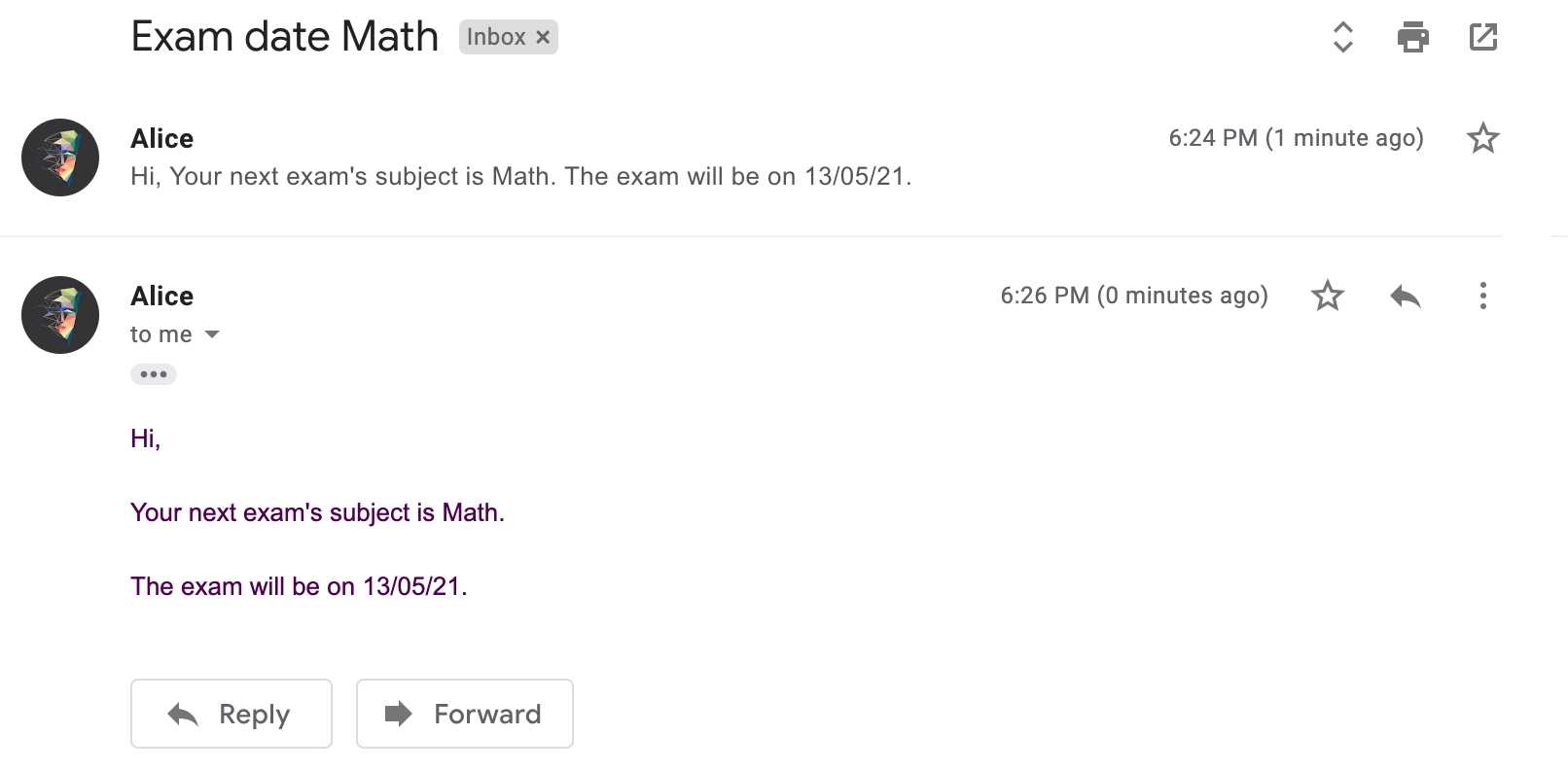 Recipient inbox showing the follow-up added below the original email in the same thread