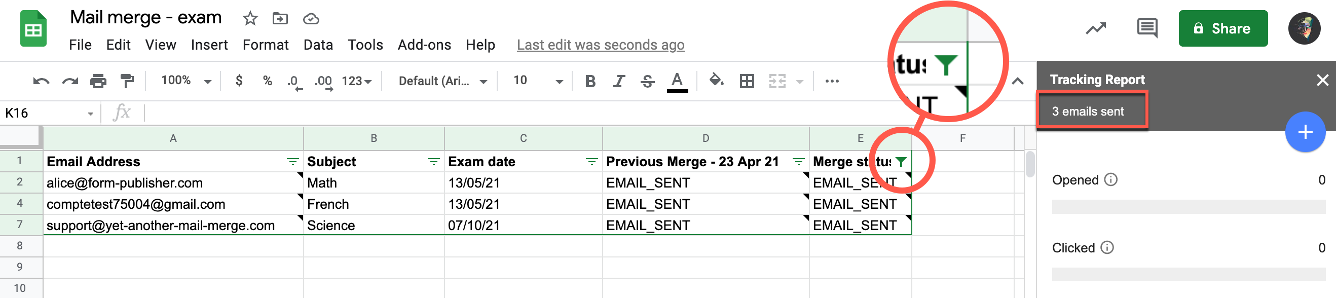 Contact list spreadsheet after a follow-up: the previous statuses moved to a Previous Merge column, a new Merge status column, and only the follow-up recipients visible