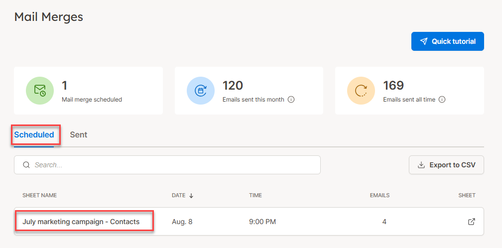 Scheduled tab of the YAMM dashboard listing one scheduled mail merge by sheet name, date, time, and number of emails