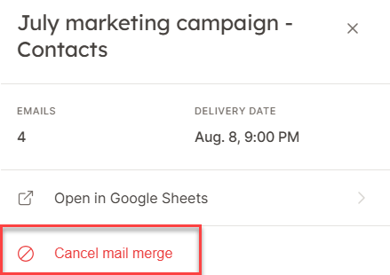 Scheduled mail merge details panel with the Cancel mail merge option